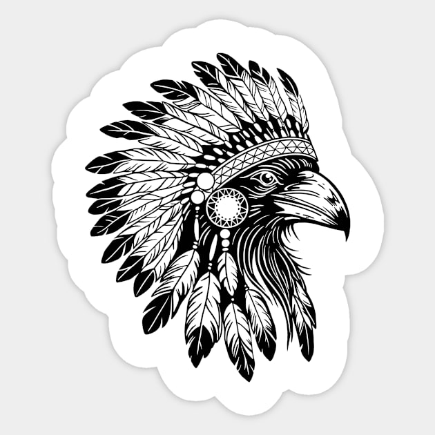 head of a raven wearing a traditional Indian feather headdress Sticker by InshynaArt